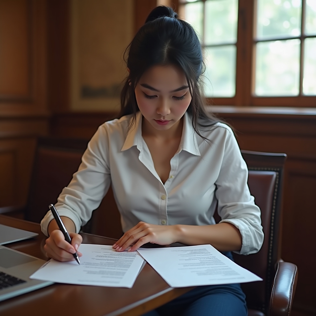 Young person at a desk with documents, navigating administrative processes with focus and determination