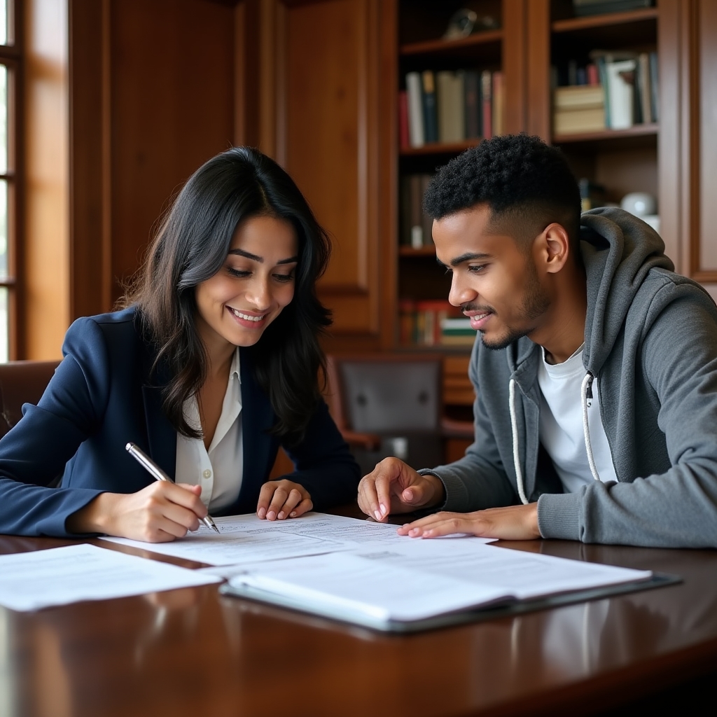 Financial mentor and young adult reviewing documents together in a professional setting