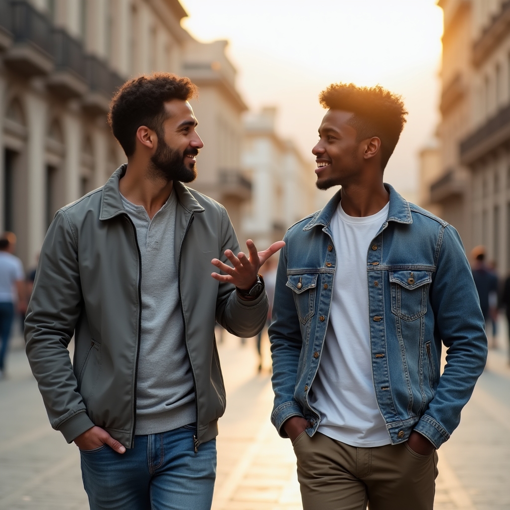 Mentor and young person having an informal conversation outdoors, building rapport in a relaxed setting