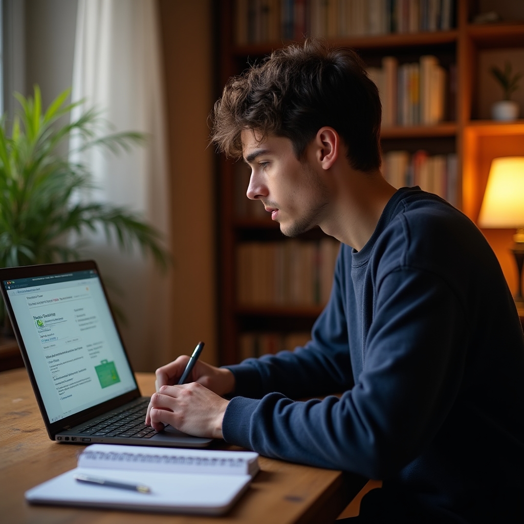 Young person studying financial education modules on a laptop in a comfortable home setting, focused and engaged