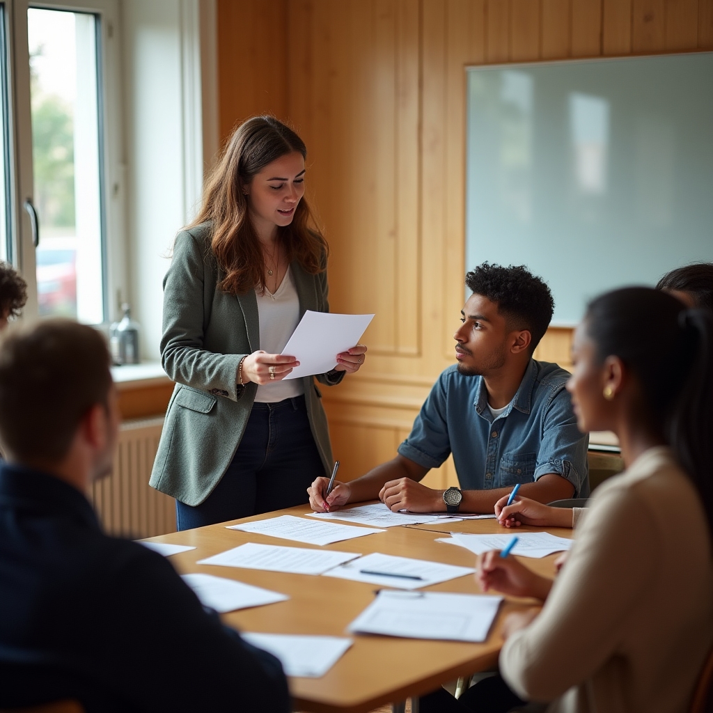 Small group workshop session with young adults seated around a table, engaged in a financial literacy exercise